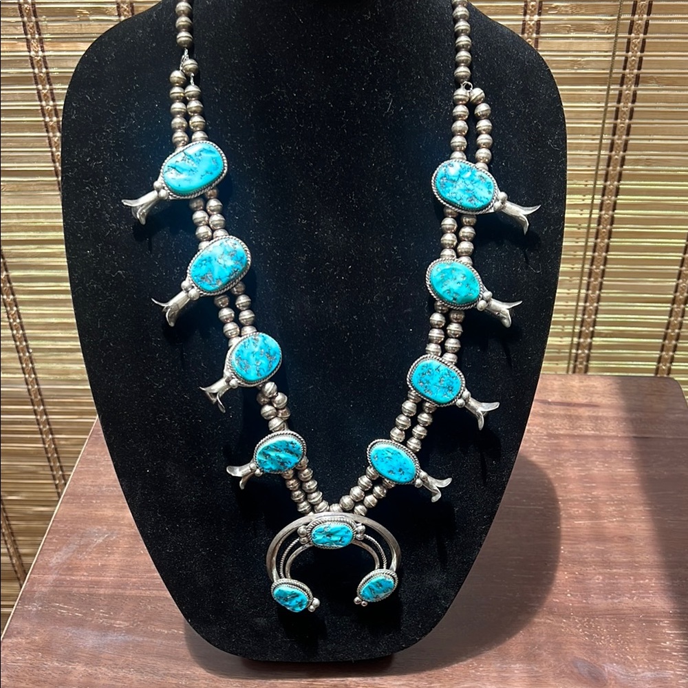1940’s Vintage Turquoise and Silver Squash Blossom Necklace